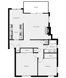 A black and white image of a floor plan for a house with a balcony, dining room, living room, kitchen, bathroom, and two bedrooms.